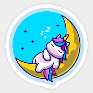 Cute Unicorn Sleeping On Moon Cartoon Sticker